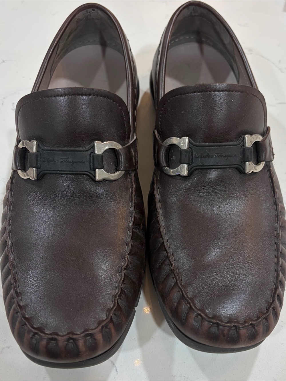 Ferragamo Parigi Gancini Dark Brown Leather Buckle Men's Driver Loafers Size 11